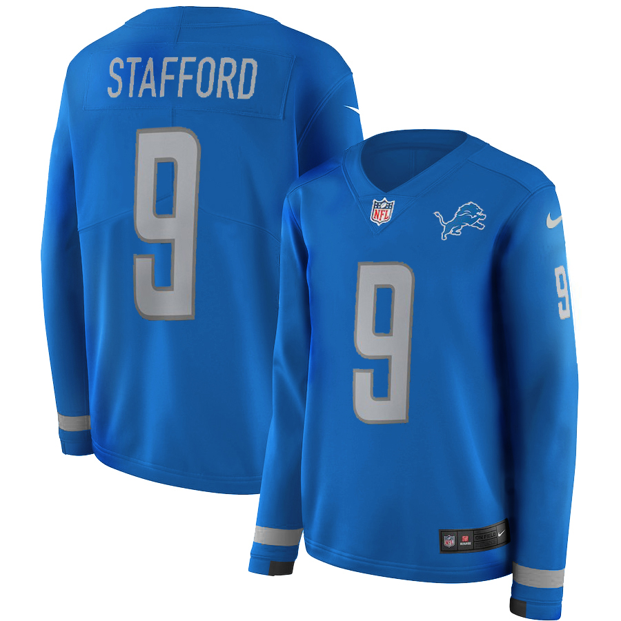 Women Detroit Lions #9 Stafford blue Limited NFL Nike Therma Long Sleeve Jersey
